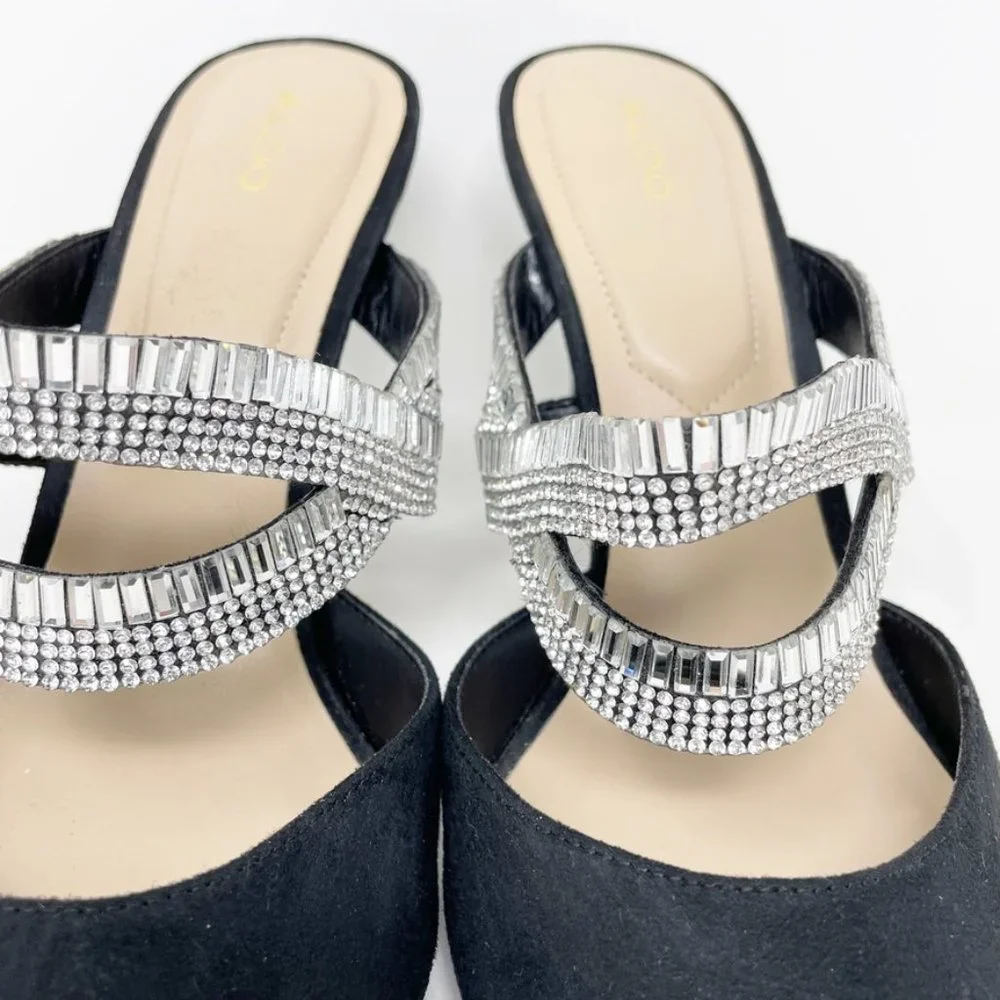 Aldo Womens Black Suede Leather Rhinestone Straps Slide Heels Size 8 "Noawia" - Picture 5 of 11